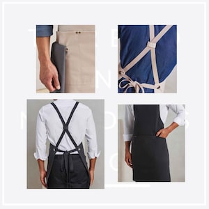 May include: A collection of aprons in various colors and styles. One apron is tan with a pocket and a dark gray towel. Another is black with a pocket. The aprons have different strap designs.