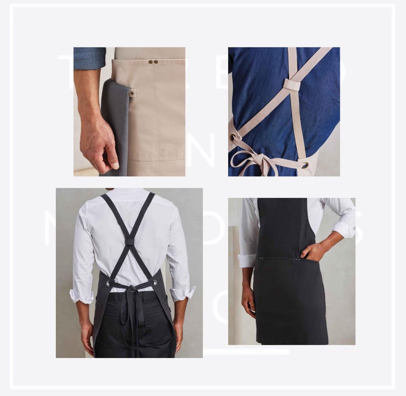 May include: A collection of aprons in various colors and styles. One apron is tan with a pocket and a dark gray towel. Another is black with a pocket. The aprons have different strap designs.