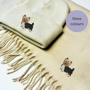 Yorkshire Terrier Winter scarf and Beanie hat Set, Scarf and beanie hat set. Embroidered accessories for dog walkers. Yorkshire terrier gift