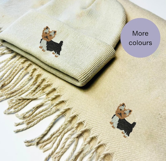 Embroidered Yorkshire Terrier Scarf and Beanie Set: Dog Walker Gift, Embroidered Winter accessories