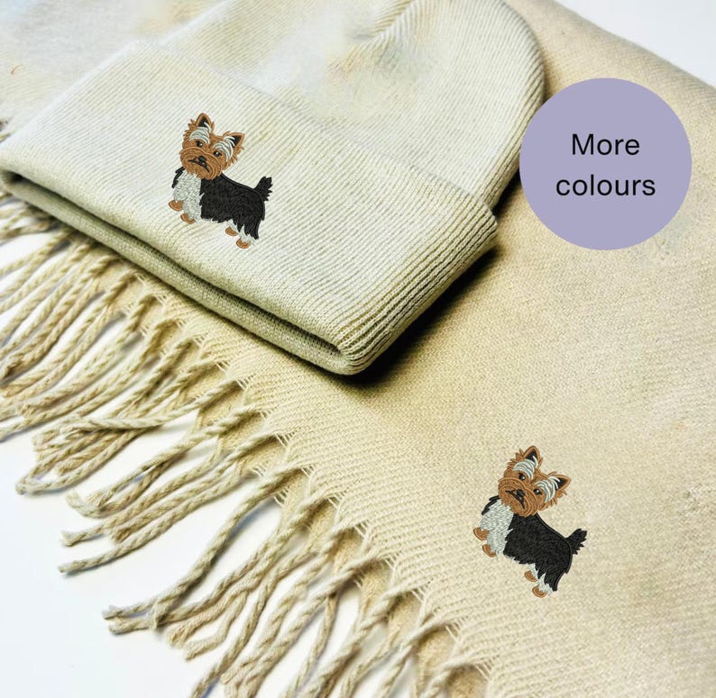 Yorkshire Terrier Winter scarf and Beanie hat Set, Scarf and beanie hat set. Embroidered accessories for dog walkers. Yorkshire terrier gift