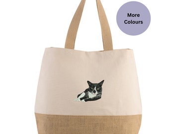 Embroidered Cat Tote Bag: Black and White Cat Shopper. Animal accessories