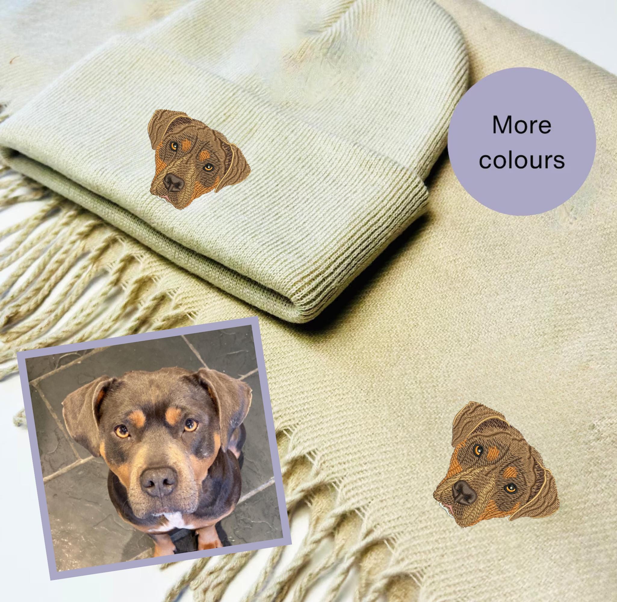 Add your pet embroidered beanie hat and scarf set Pet portrait embroidered winter accessories. Pet embroidery gift ideas. Custom embroidery