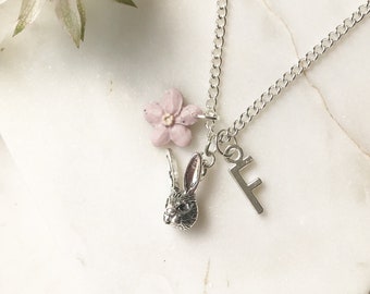 Flower Rabbit Bunny necklace jewellery | Charm Initial |Children’s kids girls charm chain personalised necklace | Botanical initial charms |