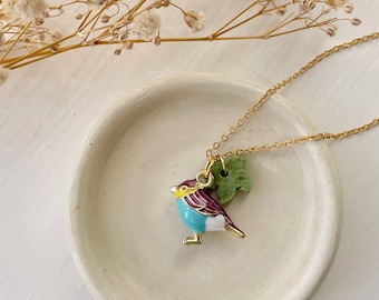 Beautiful enamel bird | clay leaf | pendant gold chain charm adjustable necklace | botanical clay necklace |