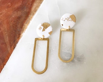 Contemporary #2 brass gold white dangle earrings | drop handmade earrings | modern arch