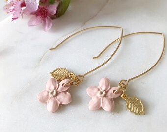 Blossom small wire leaf earrings | pastel flower | dangle gold plated | hypoallergenic earrings