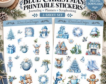 Blue Christmas Stickers | Planner, Journal, Scrapbook Holiday Deco | Digital Download | PDF, PNG, Silhouette Cut File