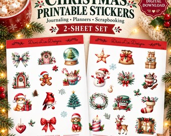 Christmas Digital Download Stickers | Planners, Journals, Scrapbooks, Notebooks | PDF, PNG, Silhouette Cut File