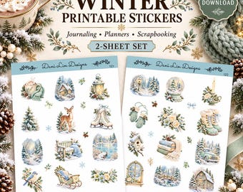 Winter Printable Stickers, Cozy Woodland Journal Stickers, Sage Blue Planner Decor, 2-Sheet Digital Download