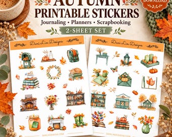 Watercolor Autumn Sticker Sheets: Journaling Planners Scrapbooking (PDF - PNG - Silhouette Studio Cut File)