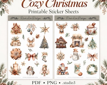 Printable Christmas Planner Sticker | Neutral Vintage Holiday | Cozy Winter Watercolor | PDF PNG Silhouette File | Digital Download