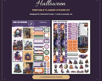 Halloween Printable Planner Sticker Kit | Hobonichi Cousin & Journaling Stickers | PDF, PNG, Silhouette Cut File