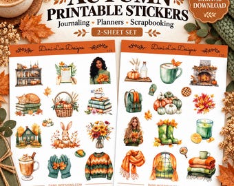 Fall Printable Stickers: 2-Sheet Set, Watercolor Autumn Journaling & Planner Collection (Digital Download)