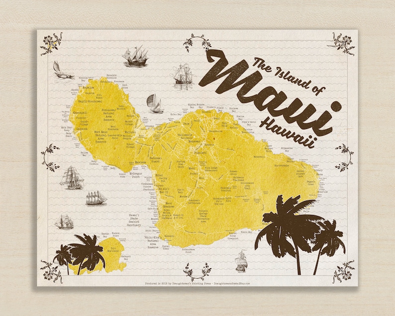 Modern Maui Map in Retro Style  Maui Hawaii Decor  Maui image 0