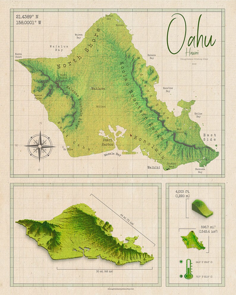 Vintage Style Oahu Map Oahu Art Oahu Print Hawaii Map | Etsy
