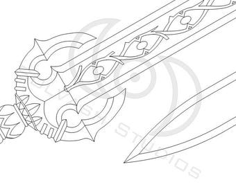 May include: Line art drawing of a sword with a detailed ornate hilt. The sword is drawn in black ink on a white background.