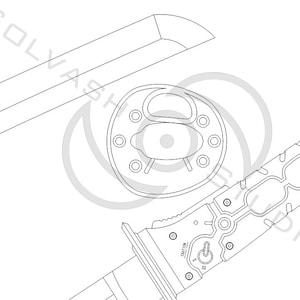 Puede incluir: Un dibujo en blanco y negro de un cuchillo con un mango texturizado y el texto "MURASAKI" en el lateral. El cuchillo se muestra con un interruptor de seguridad y un mango redondo texturizado.