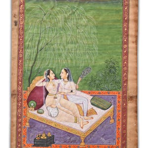 Donne Mughal condividono un momento di tenerezza, dipinto a mano 12,8 x 9,2 pollici "PN13259"