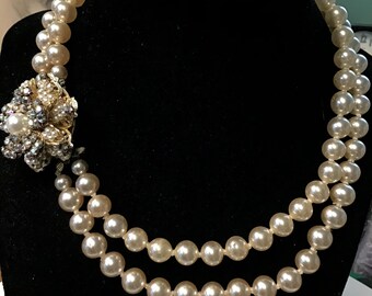 Vintage Japan Pearl & RS Necklace