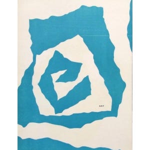 May include: Abstract art print featuring a blue and white design with a swirling pattern. The print is signed "ARP" in the bottom right corner.