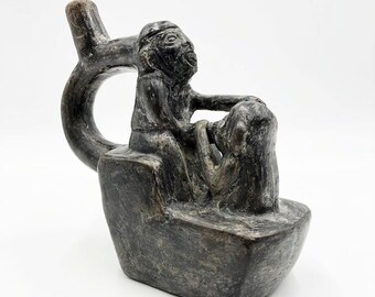 Vintage Erotic Pre-Colombian Sculpture In Lead Grey Terracotta