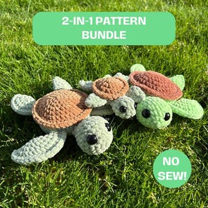 May include: Two crocheted sea turtle amigurumi toys, one green and one brown, with black eyes. The larger turtle is holding a smaller green turtle. The toys are on a green grassy surface. The text "2-IN-1 PATTERN BUNDLE" is in a green box above the turtles. The text "NO SEW!" is in a green circle below the turtles.