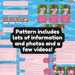 Op de afbeelding: Een blauw en wit informatieblad met de tekst "Pattern includes lots of information and photos and a few videos!". Het blad bevat axolotl-afbeeldingen en instructies.