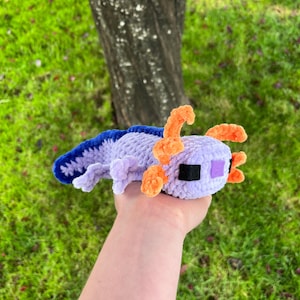 Op de afbeelding: Een handgemaakte gehaakte axolotl-knuffel in paars, blauw en oranje. Het pluche speelgoed heeft een gedetailleerd ontwerp met een getextureerd lichaam, kleine oranje kieuwen en een vierkante kop. De axolotl wordt vastgehouden tegen een achtergrond van groen gras en een boomstam.