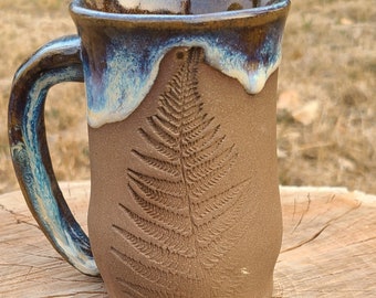 Drippy Fern Mug, Hand Built Coffee Cup, Brown Clay Ocean Blue Glaze