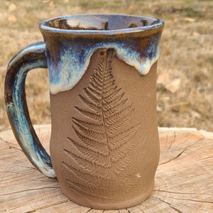 Drippy Fern Mug, Hand Built Coffee Cup, Brown Clay Ocean Blue Glaze