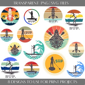 May include: Eight different designs of vintage style stand up paddle board (SUP) logos. The logos feature a variety of colors and designs, including a paddle boarder, a paddle board, and a sunset. The text "SUP" is included in each logo.