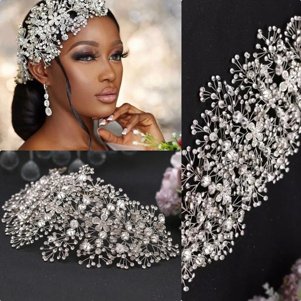 Grande couronne de mariée en argent et diamants, accessoires pour cheveux de mariage, couvre-chef de mariée, bandeau en strass pour femmes, couvre-chef