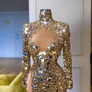 Gold Selena Geometric Wave Stretch Sequins Prom Couture Fabric