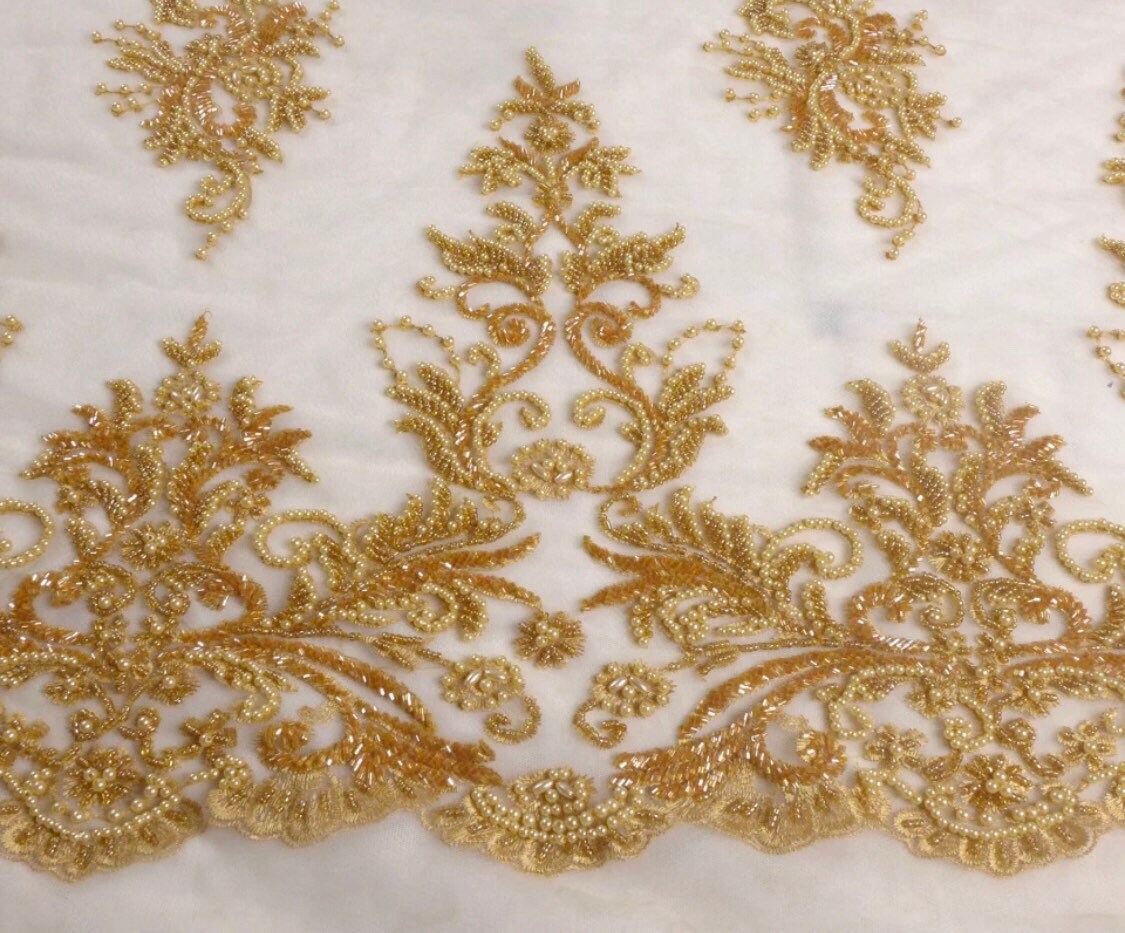 GOLD / Black Heavily Beaded Beautiful Crystal Lace Fabric for Wedding