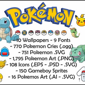 Puede incluir: Un fondo blanco muestra la palabra "Pokémon" en amarillo y azul, junto con varios personajes Pokémon y Poké Balls. El texto enumera activos digitales como fondos de pantalla, fuentes, arte, iconos y sprites.