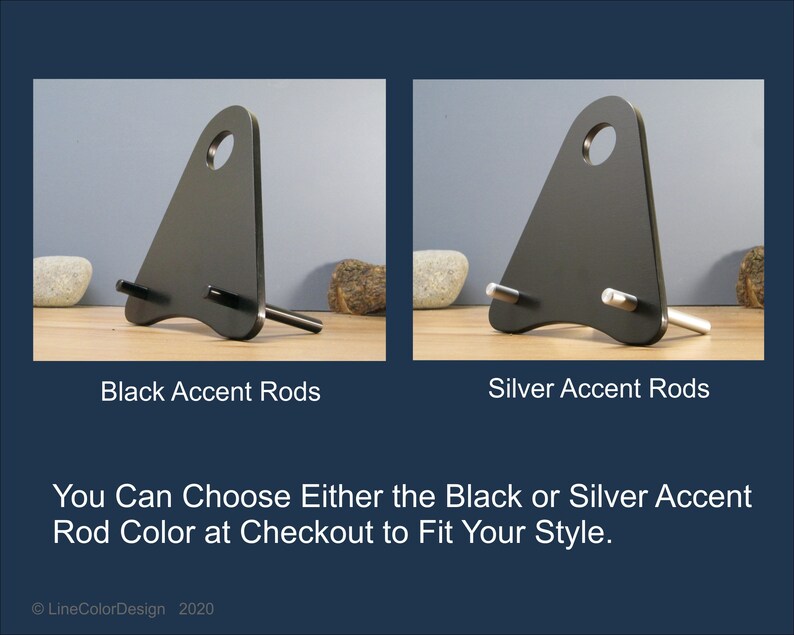 May include: Two black metal phone stands with a triangular design and a circular hole at the top. One stand has black accent rods, the other has silver accent rods. The text reads: "You Can Choose Either the Black or Silver Accent Rod Color at Checkout to Fit Your Style."