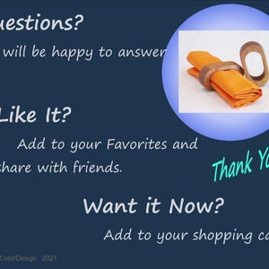 May include: An orange folded napkin held by a wooden napkin ring. A second wooden napkin ring is next to the napkin. The image is on a dark blue background with text that says "Questions?" and "Thank You!"