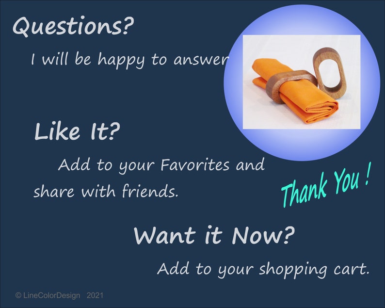 May include: An orange folded napkin held by a wooden napkin ring. A second wooden napkin ring is next to the napkin. The image is on a dark blue background with text that says "Questions?" and "Thank You!"