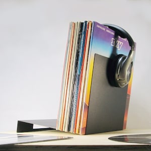 Record Storage Stand for 50 Vinyl Albums | Minimalist LP Flip Rack | Modern Leaning Shelf from its Original Designer | Black & White Color
