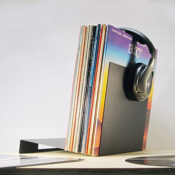 Record Storage Stand Holds 50 Vinyl Albums | Minimalist LP Flip Rack Holder | The Original Simple Modern Leaning Shelf | Black & White Color
