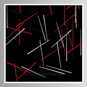 May include: Abstract artwork with a black backdrop and a design of intersecting lines in red, white, and grey. The piece has a modern, minimalist style. The text "© LineColorDesign" is visible in the lower left corner of the image.
