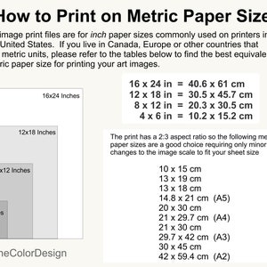 May include: Informative graphic with the title "How to Print on Metric Paper Sizes." It provides a conversion chart for inch paper sizes to metric sizes, including 16x24 inches (40.6 x 61 cm), 12x18 inches (30.5 x 45.7 cm), 8x12 inches (20.3 x 30.5 cm), and 4x6 inches (10.2 x 15.2 cm).