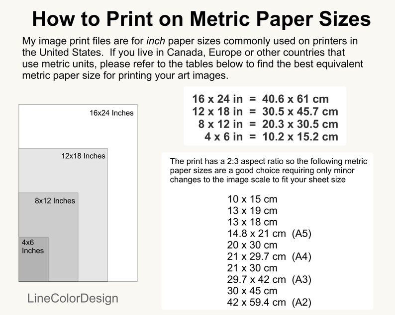 May include: Informative graphic with the title "How to Print on Metric Paper Sizes." It provides a conversion chart for inch paper sizes to metric sizes, including 16x24 inches (40.6 x 61 cm), 12x18 inches (30.5 x 45.7 cm), 8x12 inches (20.3 x 30.5 cm), and 4x6 inches (10.2 x 15.2 cm).