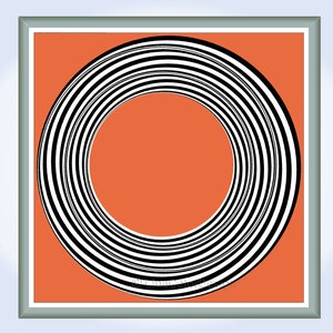 May include: Abstract art print with a concentric circle design in black and white on an orange background. The artwork is framed in a light grey border, creating a modern and eye-catching visual.