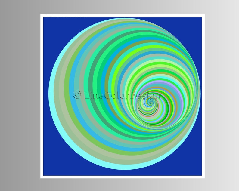 May include: Abstract digital art print featuring a spiral design. The artwork showcases concentric circles in shades of green, blue, and gray, creating a mesmerizing visual effect against a deep blue background. The text "LineColorDesign" is visible.