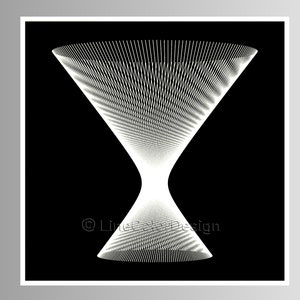 May include: An abstract artwork featuring a white hourglass shape on a black background. The design is formed by many parallel white lines, giving a textured, 3D appearance. The image is centrally positioned and framed with a white border.