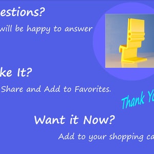 May include: A bright yellow plastic object, possibly a component or a design element, is featured against a blue background. Text includes "Questions?", "Like It?", and "Want it Now?" with calls to action. The words "Thank You!" are also visible.