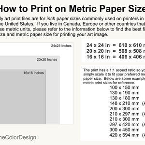 May include: Informational graphic with the title "How to Print on Metric Paper Sizes." It shows examples of inch sizes: 24x24 inches, 20x20 inches, and 16x16 inches, with their metric equivalents in millimeters. Additional metric print sizes are listed.
