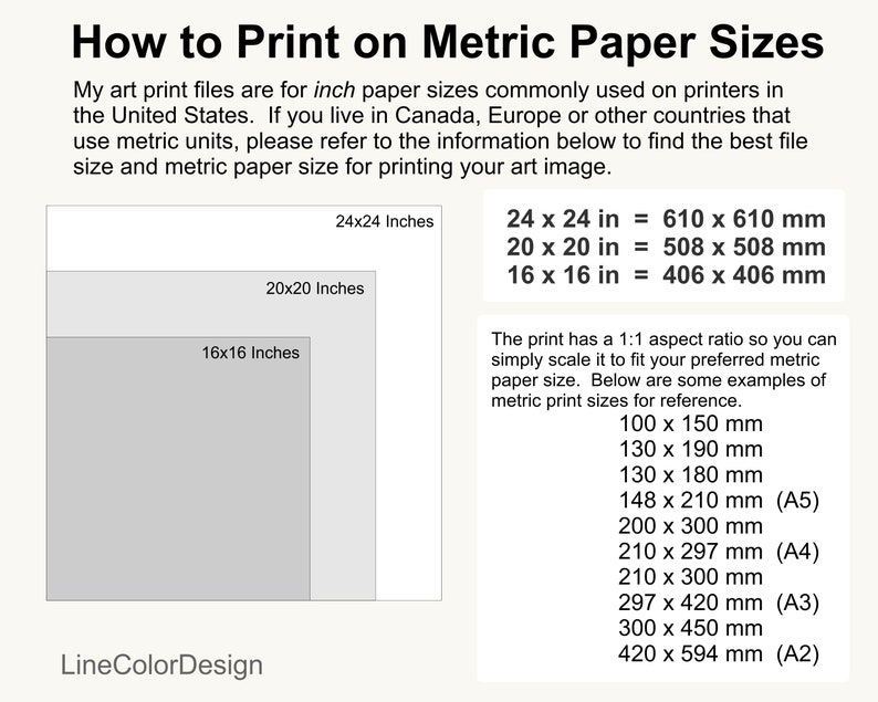May include: Informational graphic with the title "How to Print on Metric Paper Sizes." It shows examples of inch sizes: 24x24 inches, 20x20 inches, and 16x16 inches, with their metric equivalents in millimeters. Additional metric print sizes are listed.